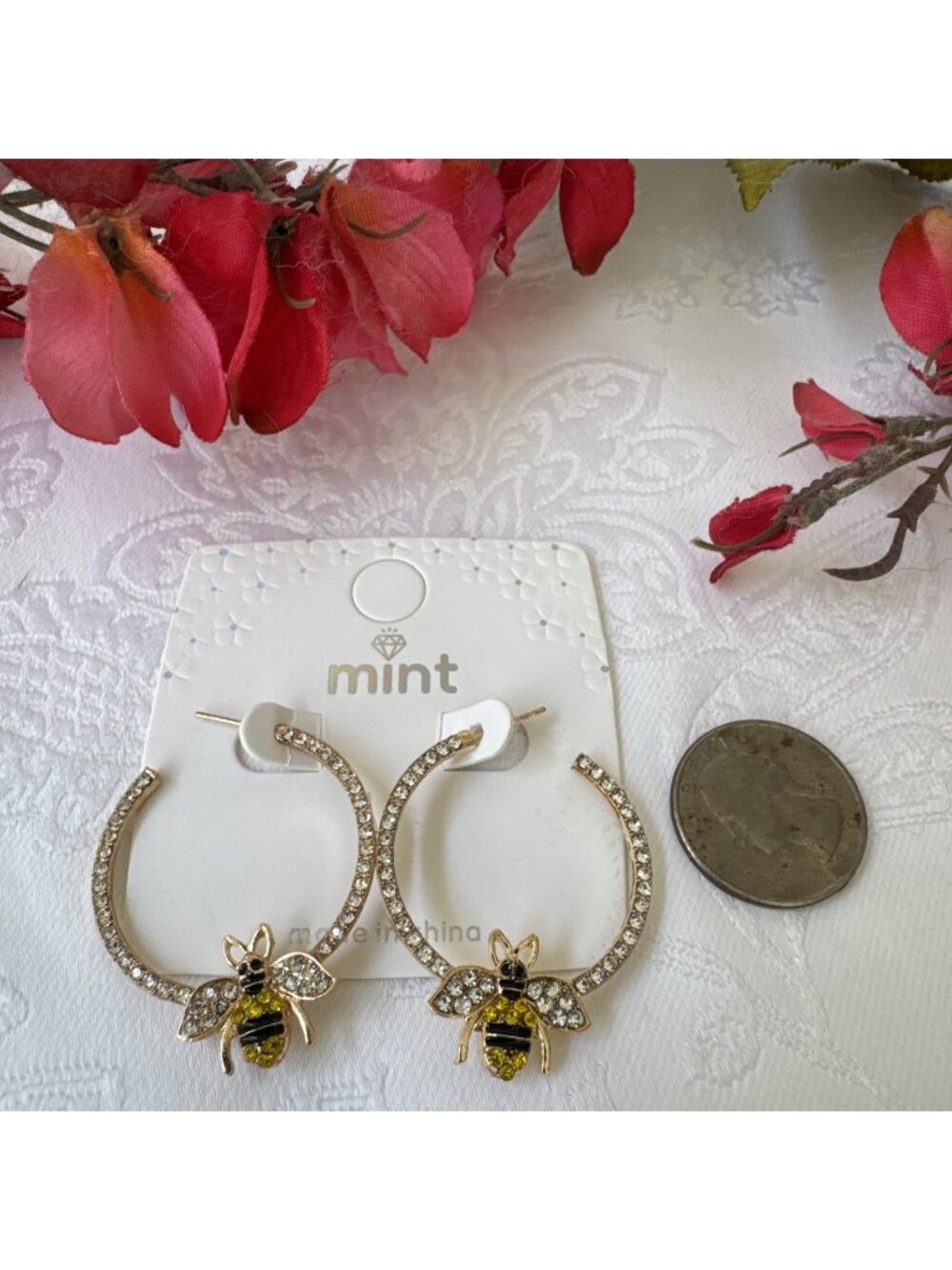 Mint Yellow Black Goldtone Rhinestone Honey BEE Hoop Dangle Earrings Summer NEW